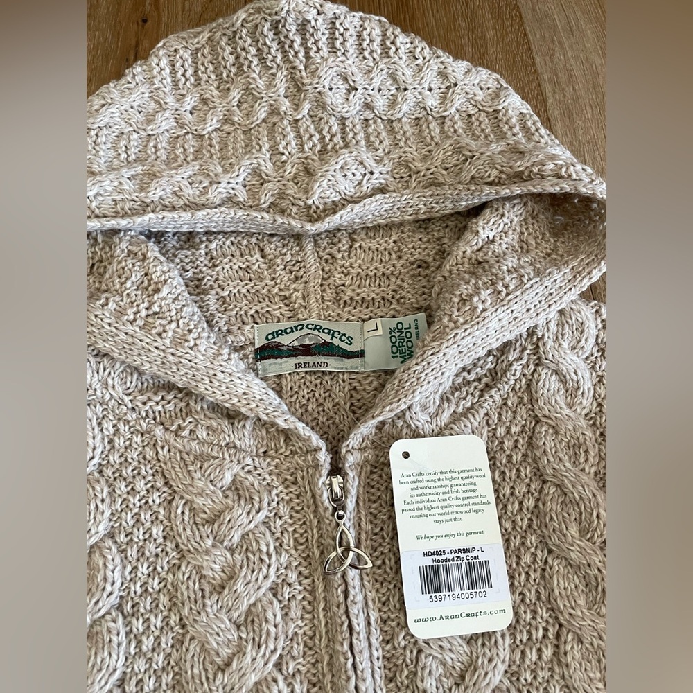 ARAN Ireland 100% Merino Wool Full Zip Sweater Coat Oatmeal L Chunky‎ Fisherman - Picture 5 of 10
